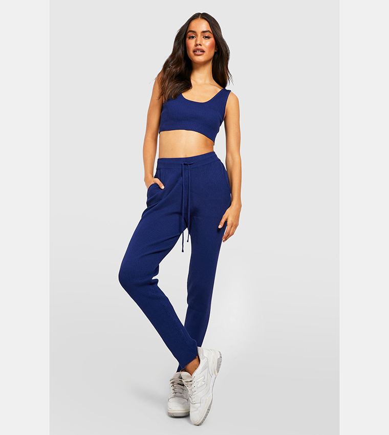 Buy Boohoo Scoop Bralette And Joggers Knitted Set In Navy 6thStreet Kuwait