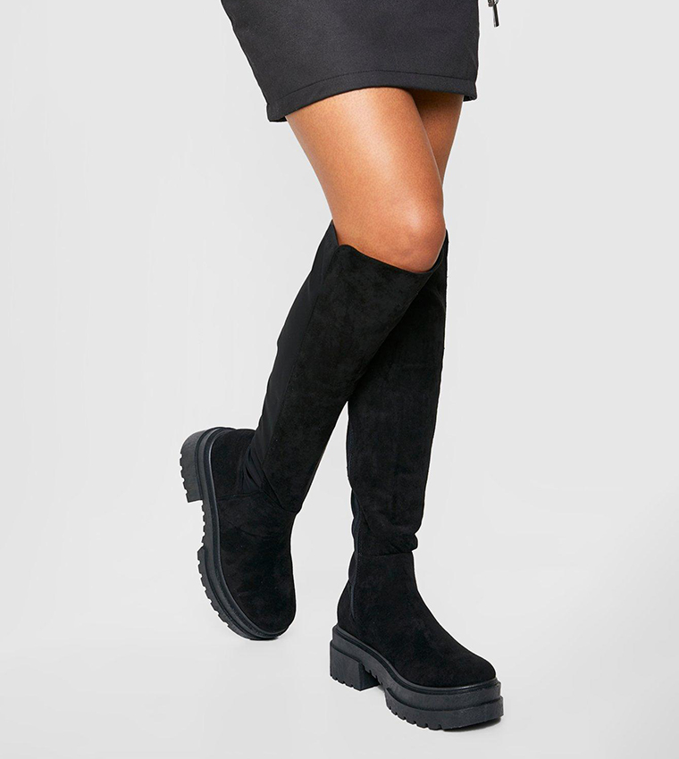 Buy Boohoo Chunky Cleated Knee High Stretch Panel Boots In Black 6thStreet Kuwait