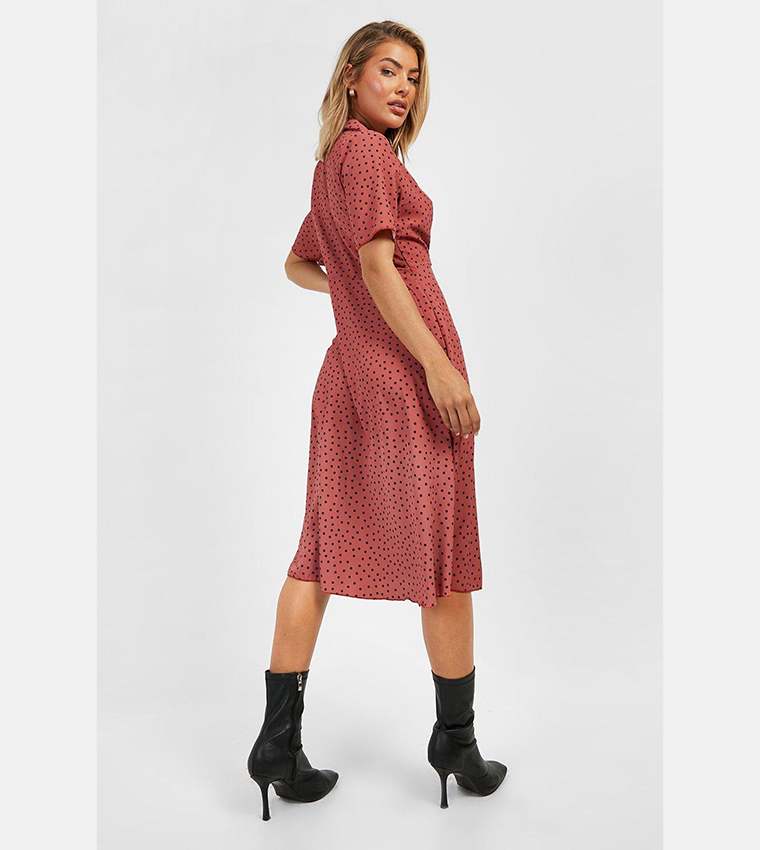 Buy Boohoo Polka Dot Shirt Style Midi Dress In Brown | 6thStreet Kuwait
