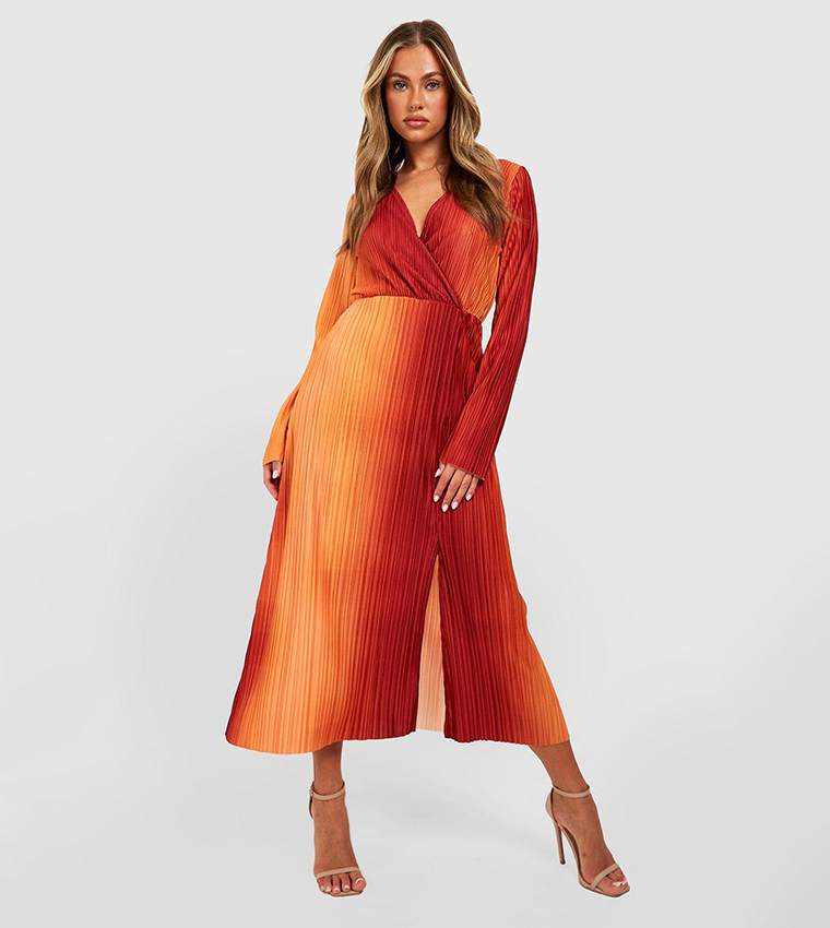 Buy Boohoo Plisse Ombre Wrap Midaxi Dress In Orange 6thStreet UAE