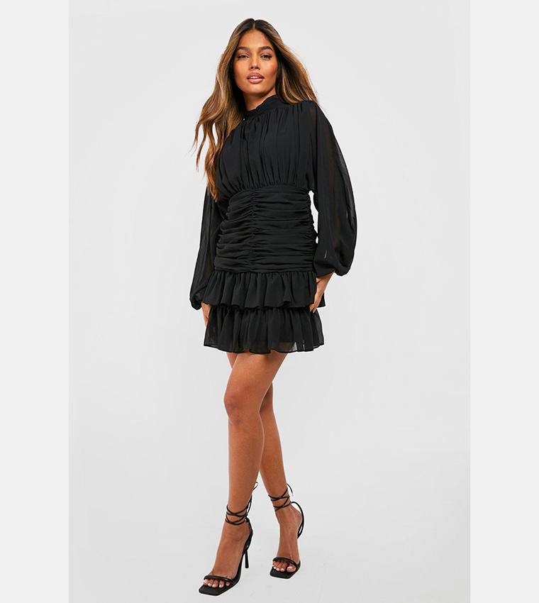High neck ruffle ruched solid mini dress
