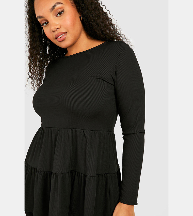 Buy Boohoo Rib Tiered Smock Top In Black | 6thStreet UAE