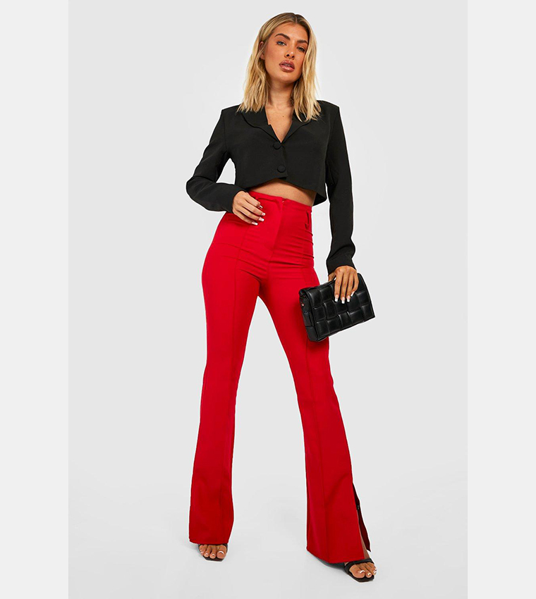 Buy Boohoo High Waisted Split Hem Tailored Flared Trousers In Red
