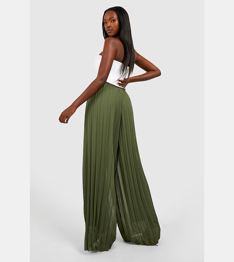 Buy Boohoo Chiffon Pleated Wide Leg Palazzo Trousers In Green
