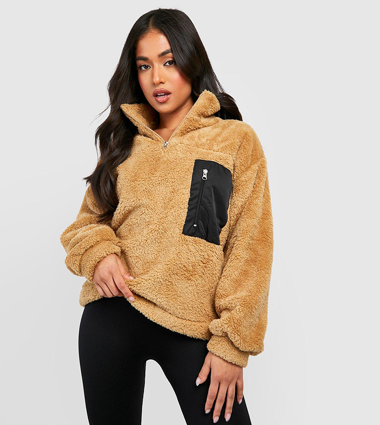 Buy Boohoo Half Zip Teddy Fleece Sweater In Beige 6thStreet Qatar