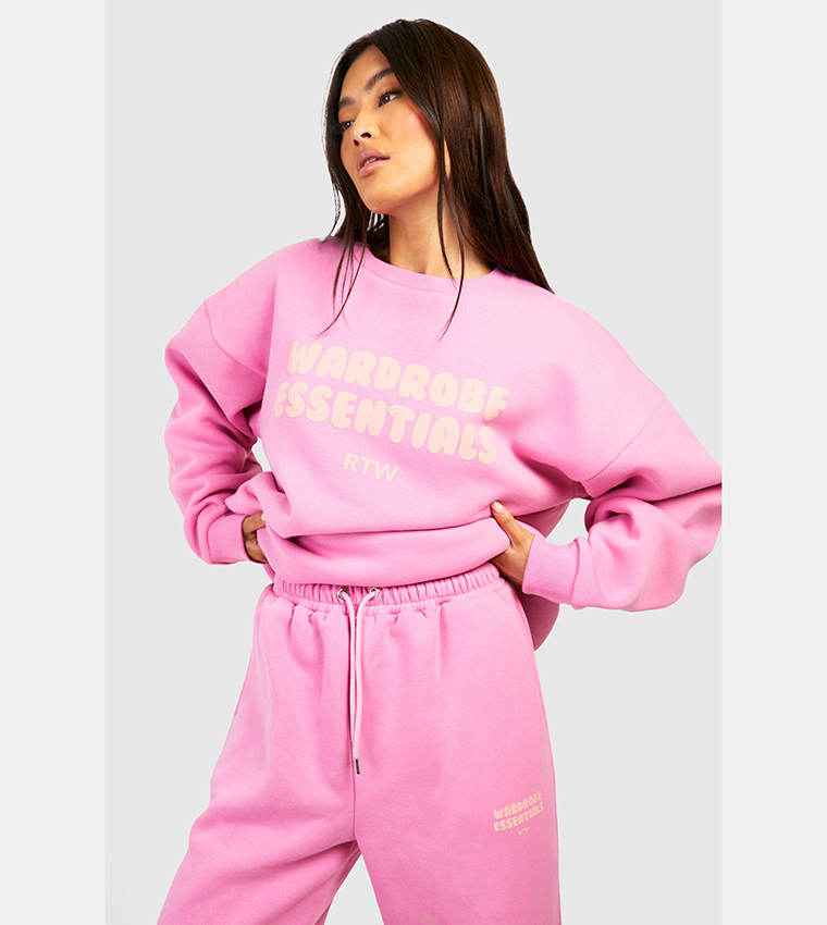 Buy Boohoo Wardrobe Essentials Slogan Sweater Tracksuit In Pink