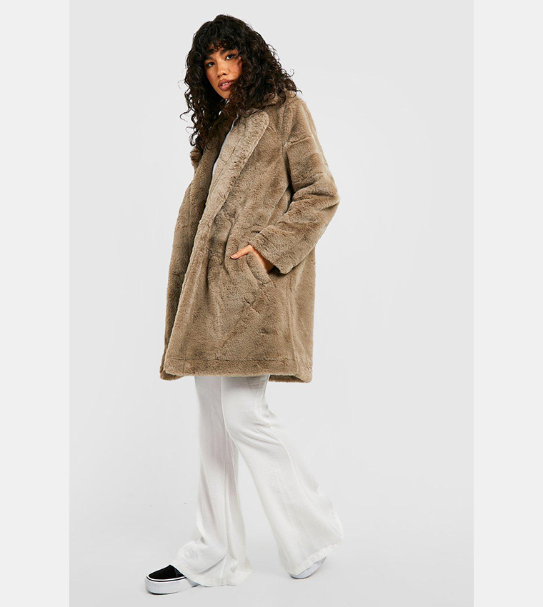 Buy Boohoo Faux Fur Double Breasted Coat In Beige 6thStreet Qatar