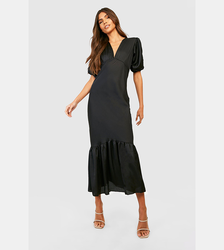 Buy Boohoo Puff Sleeves Drop Hem Midi Dress In Black 6thstreet Saudi Arabia 8630