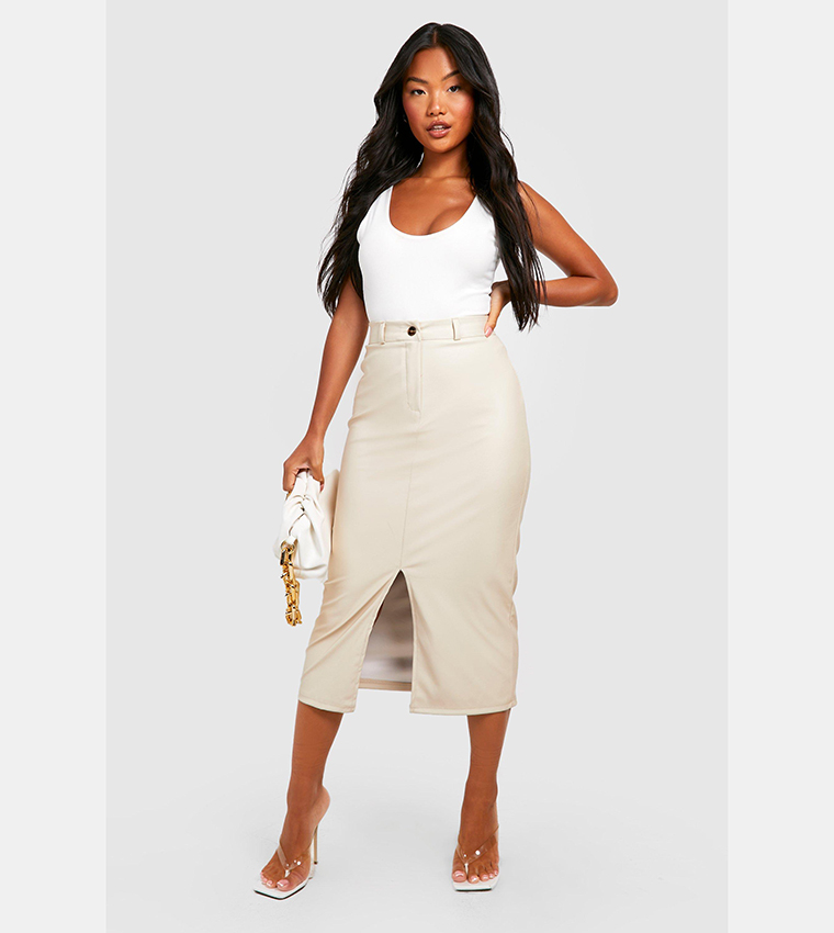 Women's Faux Leather Wrap Skirt - High Waist, Front Split, Mid-Calf Length (Black)