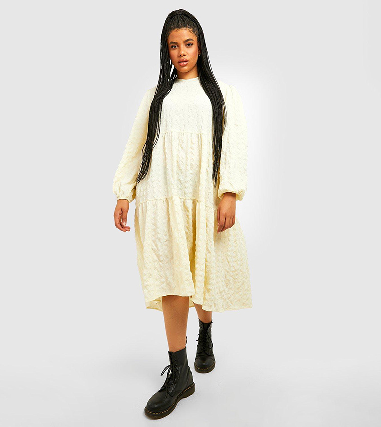 Buy Boohoo Textured Long Sleeves Midi Smock Dress In White 6thStreet Kuwait