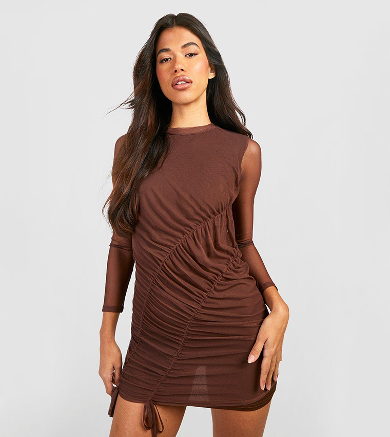 Buy Boohoo Ruched Side Mesh Mini Dress In Brown | 6thstreet Oman