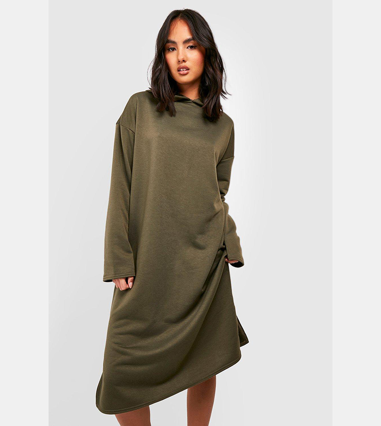 Buy Boohoo Oversized Longline Hooded Sweatshirt Dress In Khaki ...