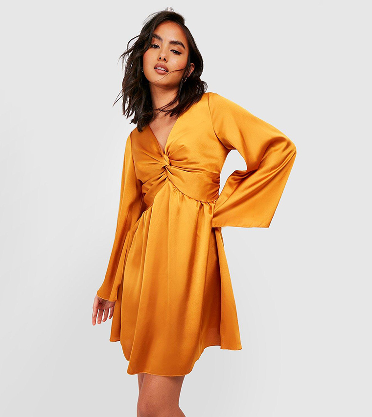 yellow skater dress with sleeves Plain-colour skater dress with ruffled sleeves