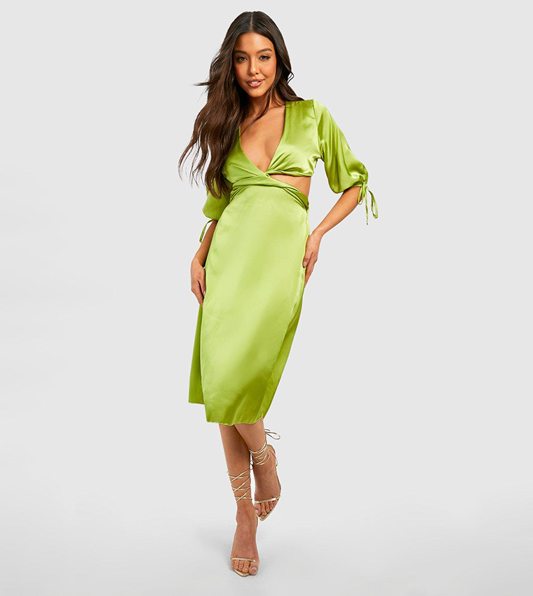Buy Boohoo Satin Cut Out Wrap Midi Skater Dress In Green | 6thstreet Oman