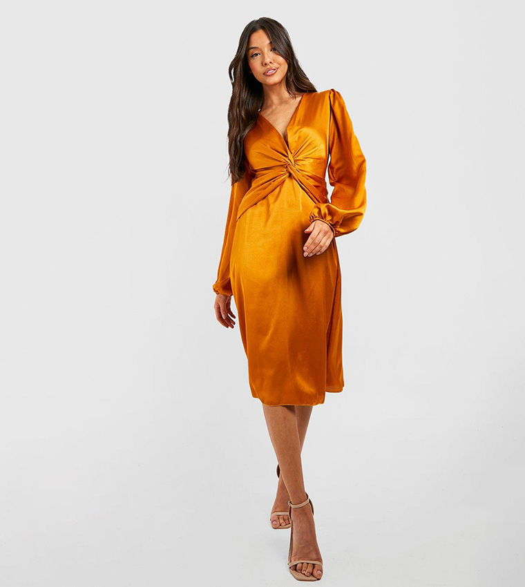 Buy Boohoo Satin Twist Detail Midi Skater Dress In Yellow | 6thstreet Kuwait