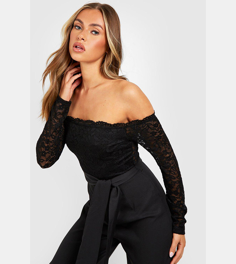Buy Boohoo Lace Bardot Bow Detail Wide Leg Jumpsuit In Black