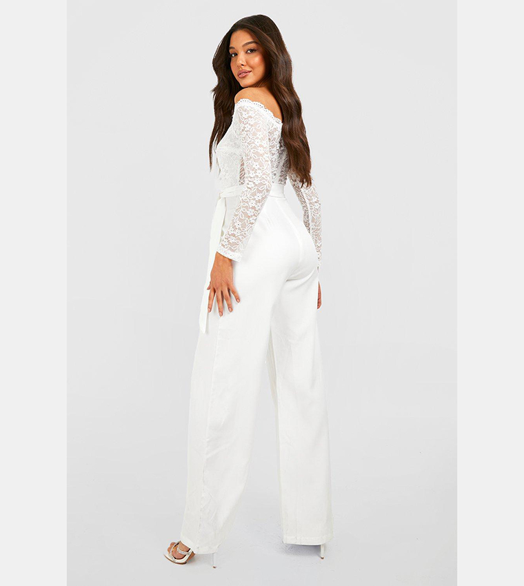 Buy Boohoo Lace Bardot Bow Detail Wide Leg Jumpsuit In White