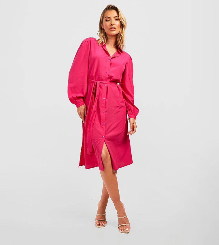 midi hot pink shirt dress Hot Pink Echo Belted Midi Shirt Dress