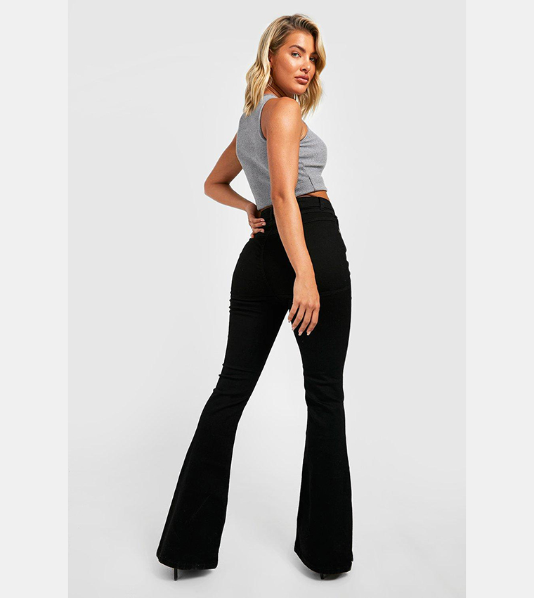 Buy Boohoo High Waisted Butt Shaping Split Hem Flared Jeans In Black ...