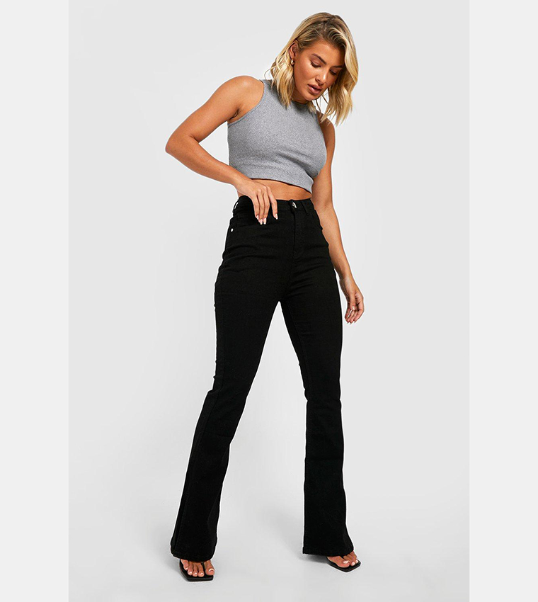 Buy Boohoo High Waisted Butt Shaping Split Hem Flared Jeans In Black ...