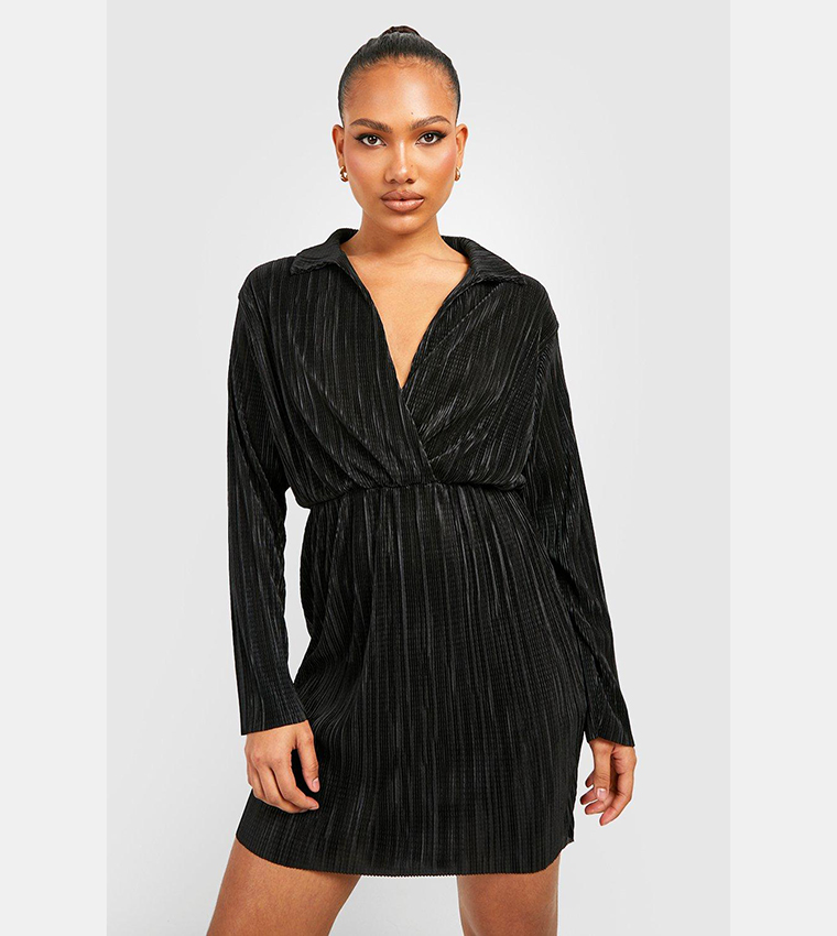 Black plisse shop wrap dress