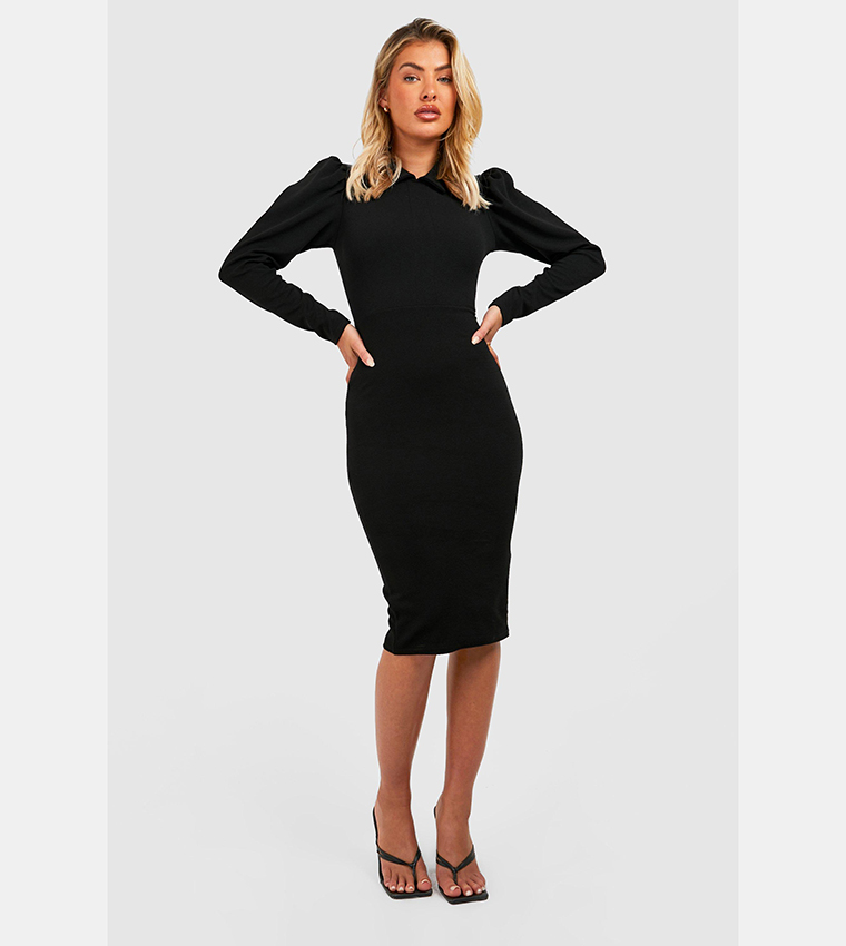 boohoo midi dress long sleeve Black boohoo Plus Rib Key Hole Detail Long Sleeve Midi Dress