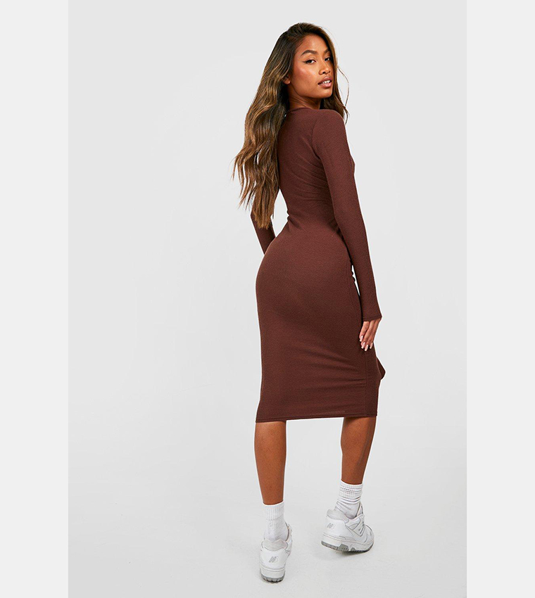 brown ripple dress BROWN RIPPLE CHIFFON PRINTED LONG SLEEVED DRESS  THA SEEN