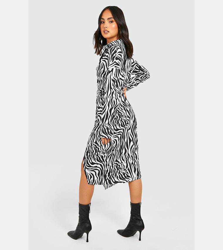 Buy Boohoo Zebra Print Tie Front Midi Shirt Dress In Multiple Colors