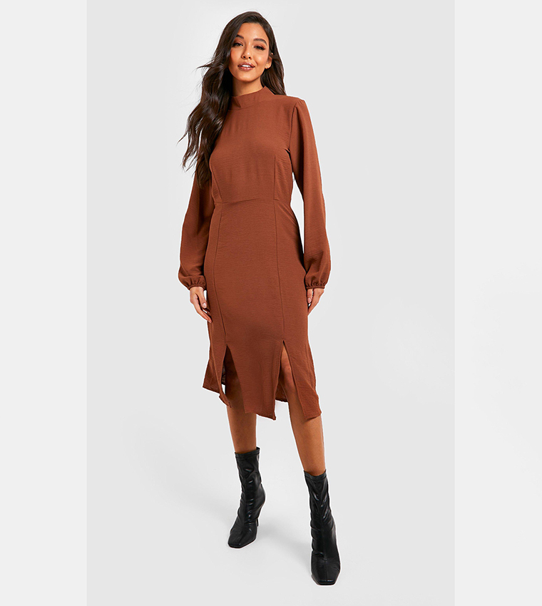 Buy Boohoo High Neck Long Sleeves Midi Dress In Brown