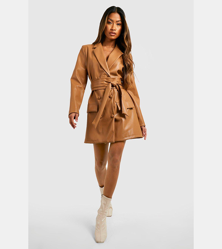 Buy Boohoo Leather Look Obi Tie Waist Blazer Dress In Camel 6thStreet Oman