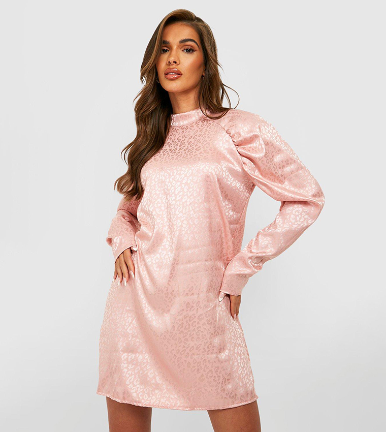 Buy Boohoo Jacquard Satin Puff Sleeves Mini Dress In Pink