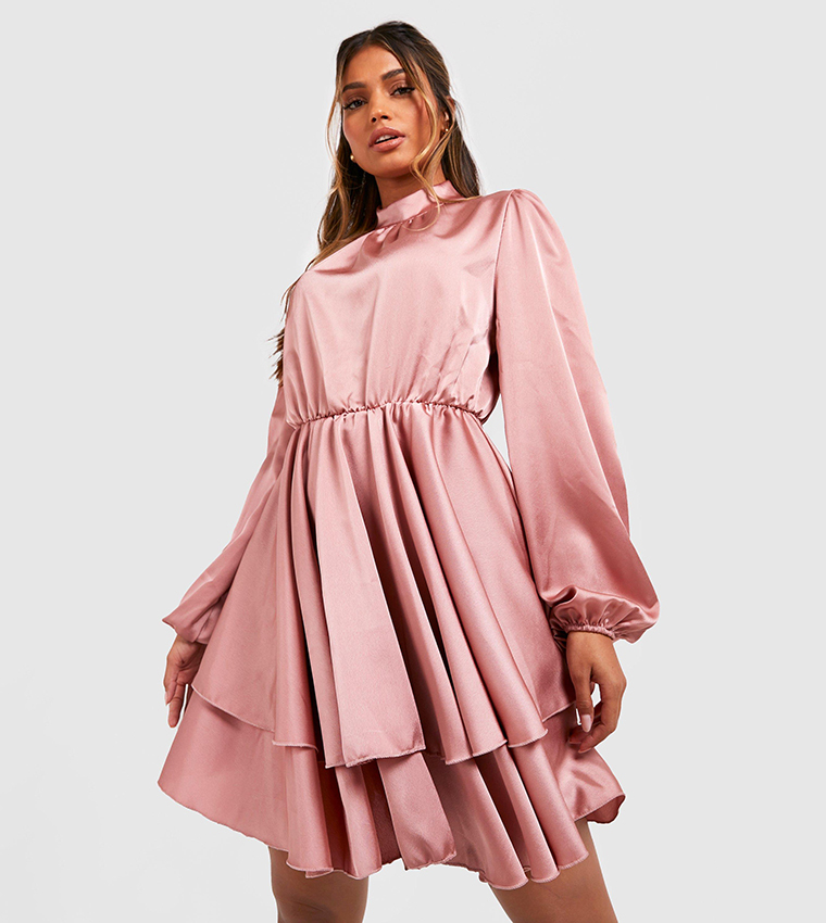Buy Boohoo Satin High Neck Double Layer Skater Dress In Pink