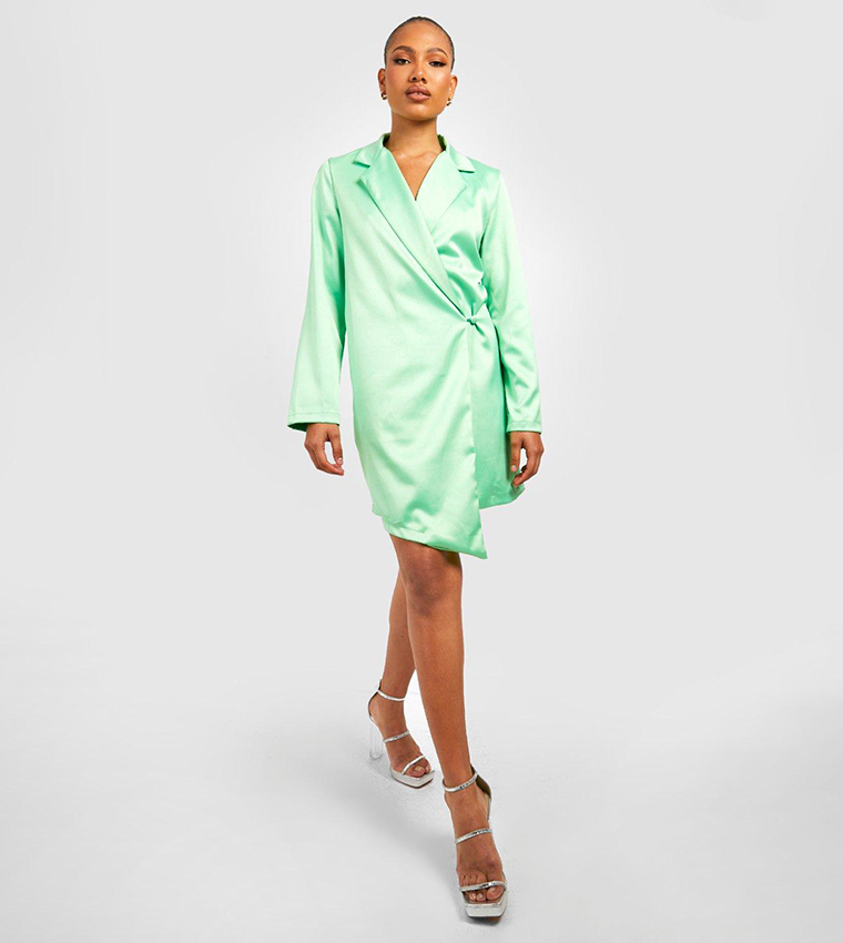 Buy Boohoo Satin Wrap Blazer Dress In Green | 6thStreet Oman