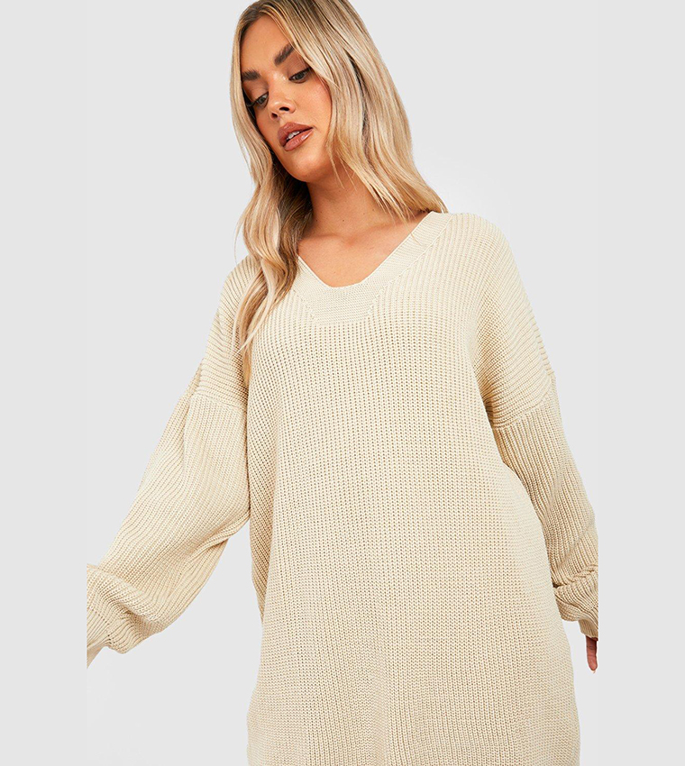 Buy Boohoo Knitted V Neck Sweater Dress In Beige | 6thStreet UAE