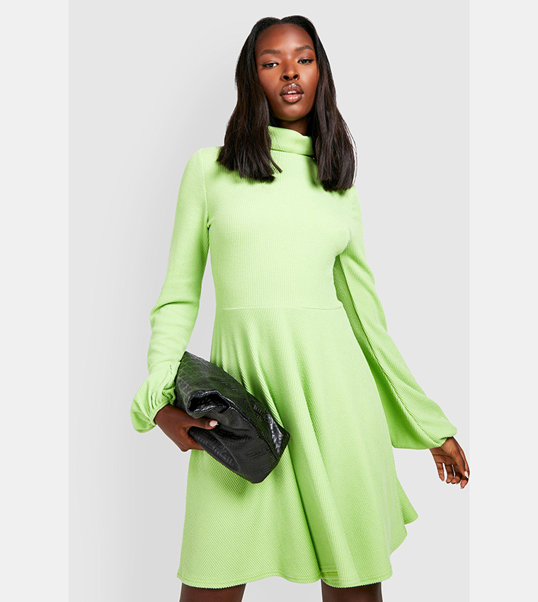 Buy Boohoo Crinkle Rib Roll Neck Blouson Skater Dress In Green | 6thStreet  Kuwait
