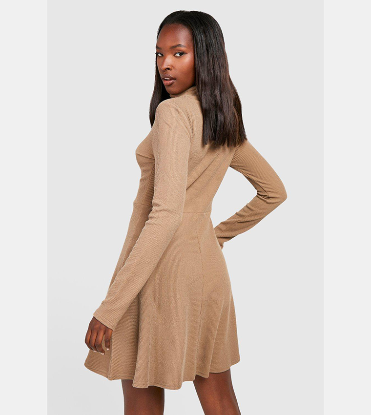 Crinkle Rib Long Sleeve Bodycon Dress