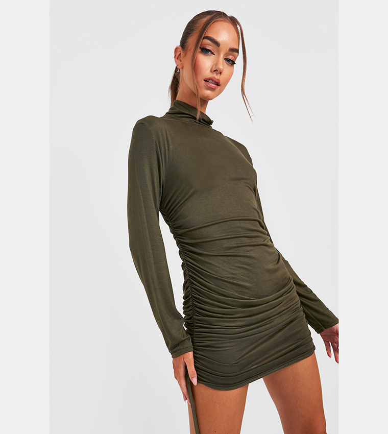 princess polly baby blue dress Elara High Neck Ruched Bodycon Dress Mauve – POPPYLAND main image 1