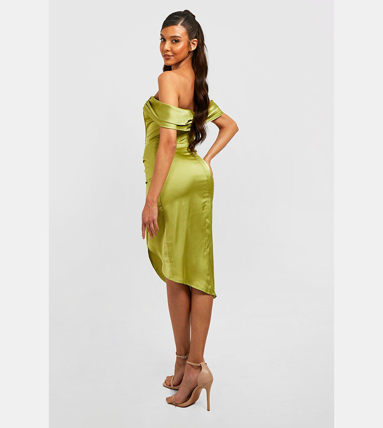 Pleated bardot draped belt hotsell midi dress in yellow