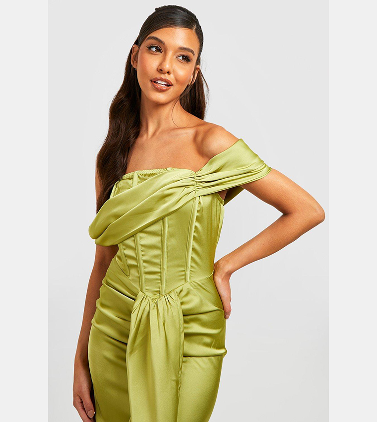 Pleated bardot draped belt midi dress in sales yellow