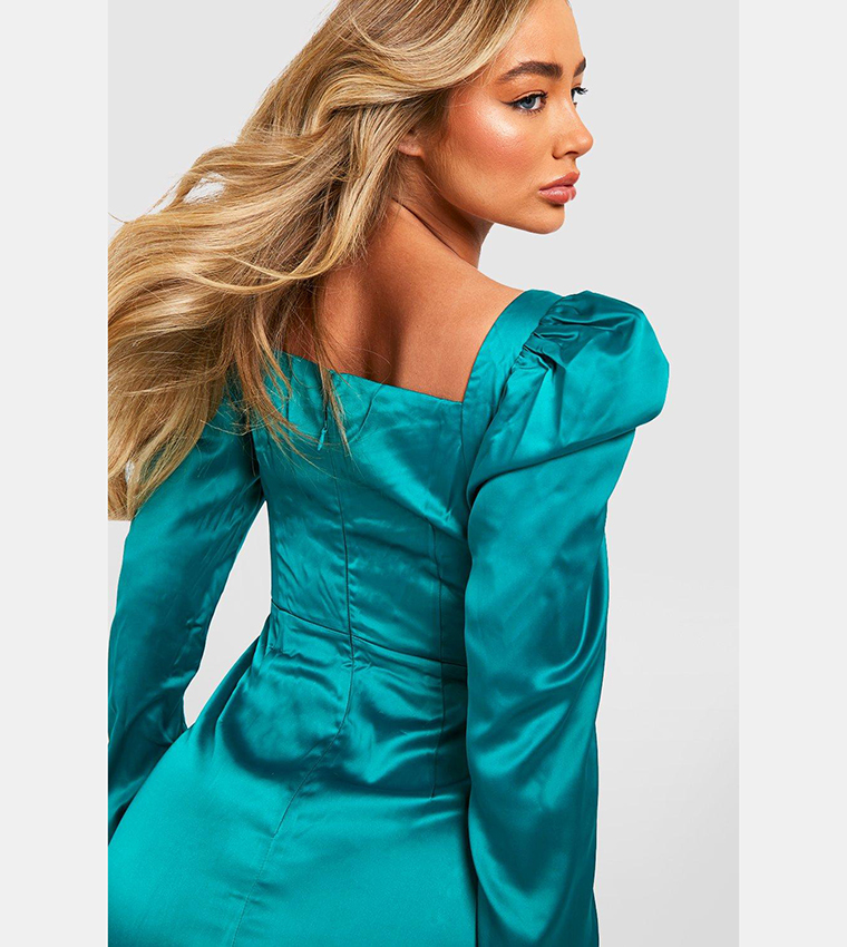 Buy Boohoo Satin Corset Puff Sleeves Midi Dress In Green 6thstreet Uae