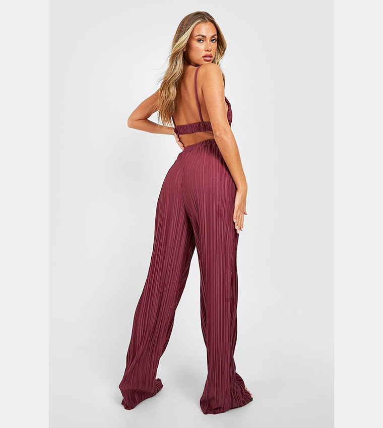 Buy Boohoo Plisse Bralette & Wide Leg Trousers Set In Purple