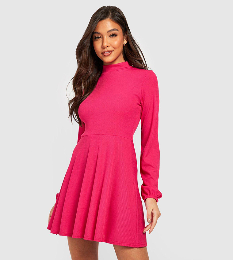 Buy Boohoo Basic Rib High Neck Skater Dress In Pink 6thStreet Qatar