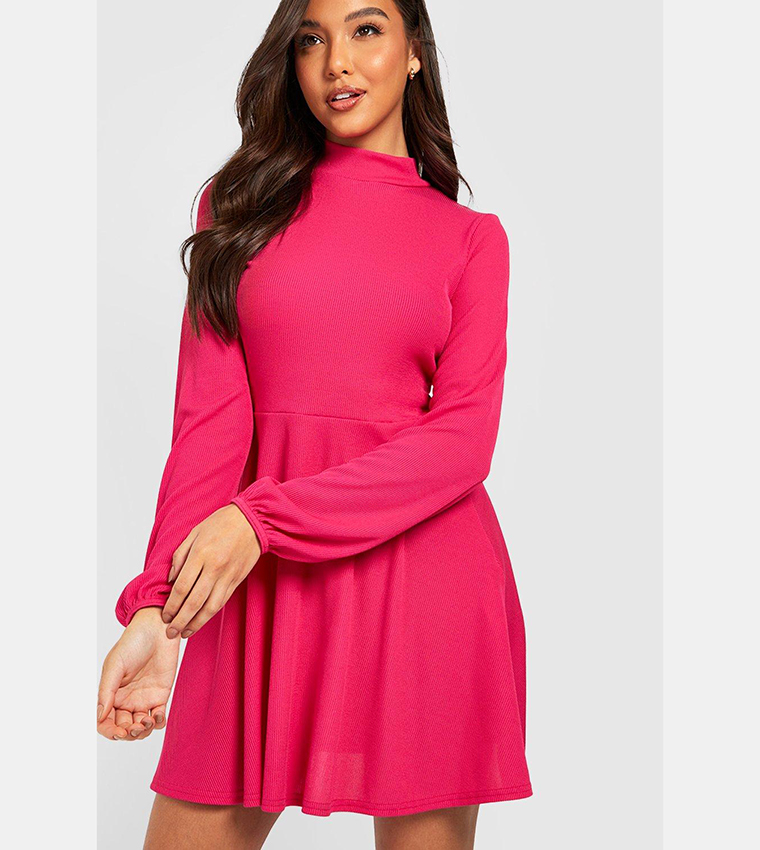 Buy Boohoo Basic Rib High Neck Skater Dress In Pink | 6thstreet Bahrain Buy Boohoo Basic Rib High Neck Skater Dress In Pink | 6thstreet Bahrain