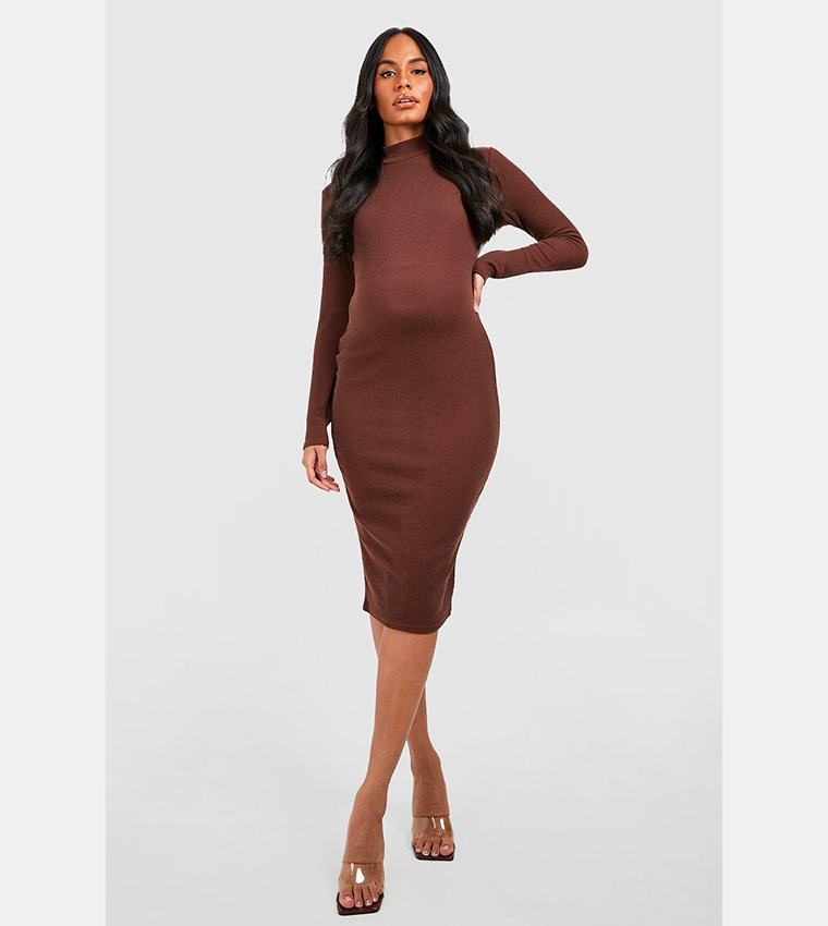 Buy Boohoo Maternity Crinkle Rib Funnel Neck Midi Dress In Brown