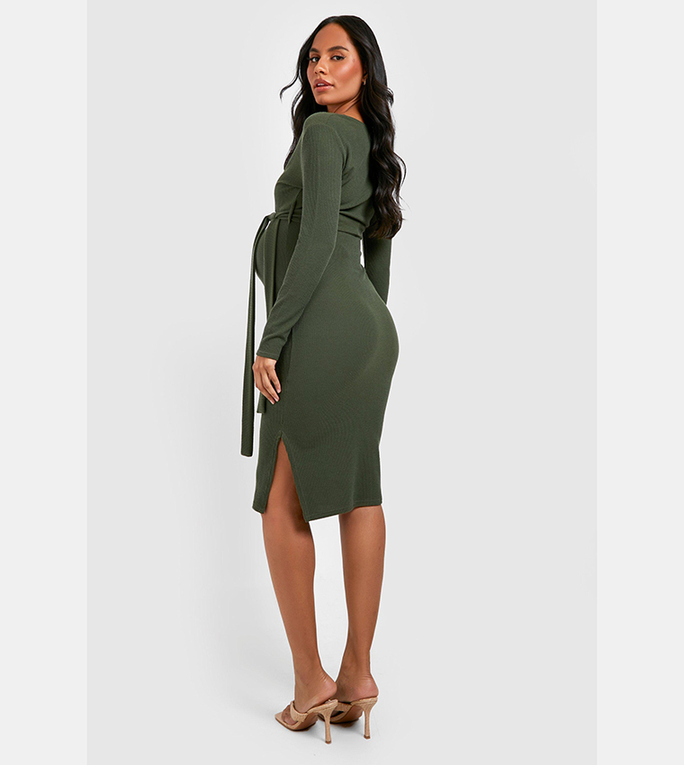 Buy Boohoo Maternity Crinkle Rib Belted Midi Dress In Khaki