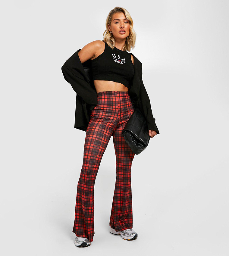 Buy Boohoo Tartan High Waisted Flared Trousers In Red 6thStreet