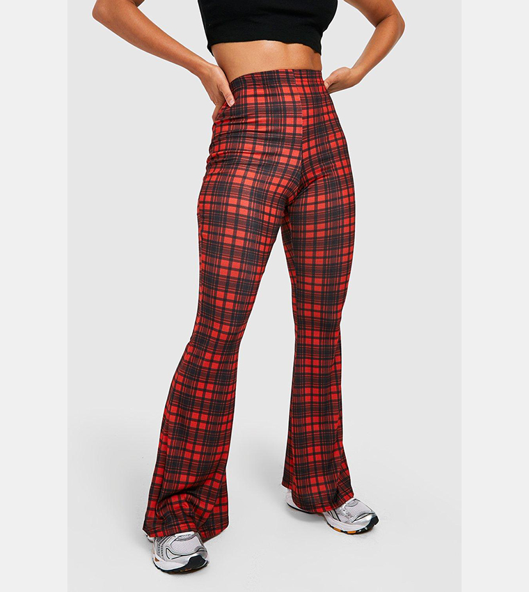 Buy Boohoo Tartan High Waisted Flared Trousers In Red 6thStreet