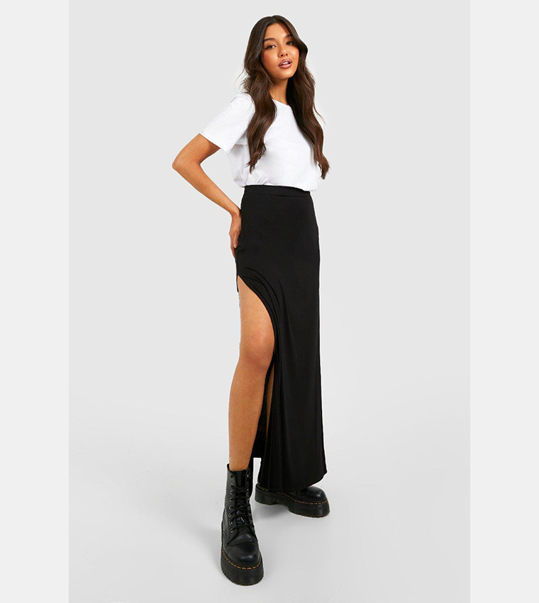 Buy Boohoo Basic Solid Black High Waisted Split Maxi Skirt In Black