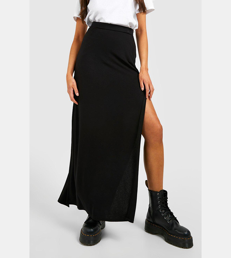 Buy Boohoo Basic Solid Black High Waisted Split Maxi Skirt In