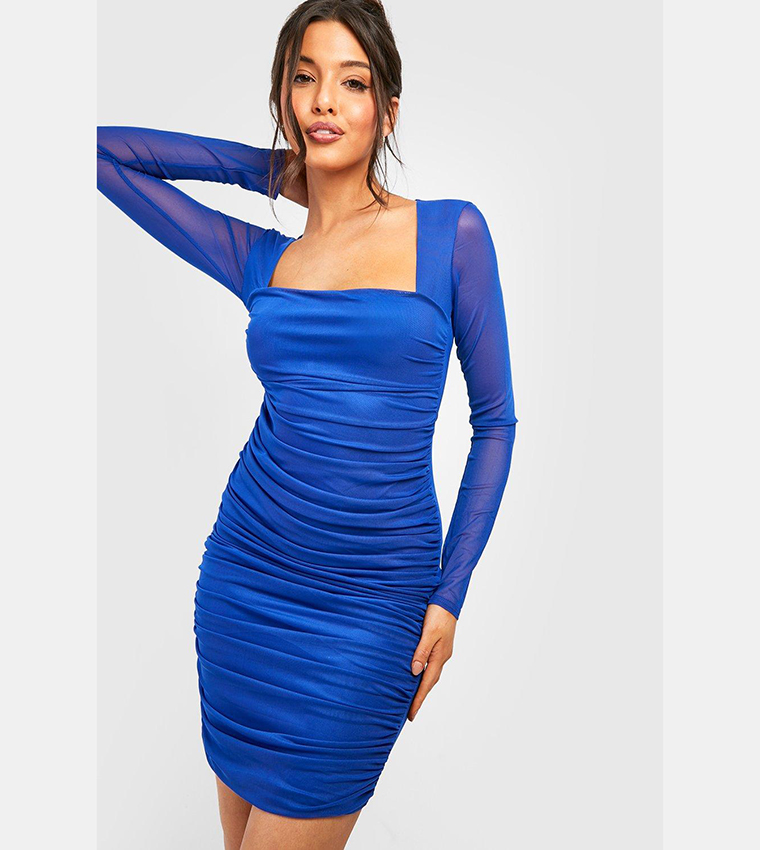 Buy Boohoo Square Neck Ruched Mesh Bodycon Dress In Blue